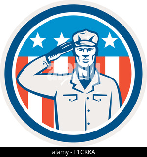 Illustration of an American soldier serviceman saluting USA with stars and stripes in the background set inside circle done in retro style. Stock Photo