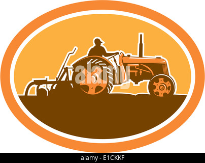 Illustration of a farmer driving riding vintage tractor plowing field sideview set inside an oval done in retro style. Stock Photo