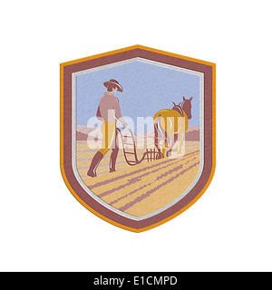 Metallic styled illustration of farmer and horse plowing farm field ...