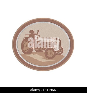 Metallic styled illustration of a vintage tractor with driver waving ...