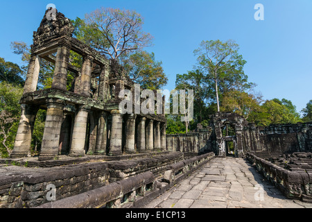 Preah Khan was built in 1191 during the reign of King Jayavarman VII  The central Buddhist temple included an image of the Boddh Stock Photo