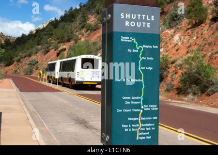 Placard at bus stop in Zion National Park showing shuttle bus stops Stock Photo