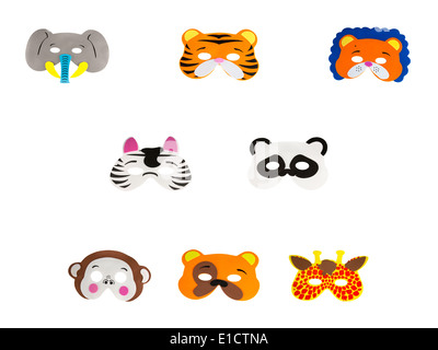 Collage of eight foam zoo animal masks isolated on white Stock Photo