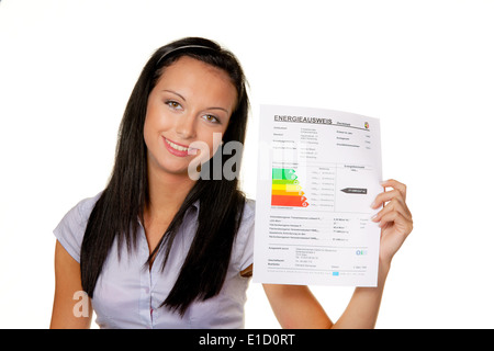 Young woman with an Energy Performance Certificate (Germany) Stock Photo