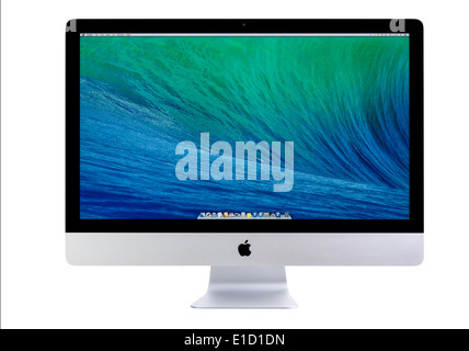 New iMac 27 With OS X Mavericks. New Apple iMac 27 inch on glass against white background. Stock Photo