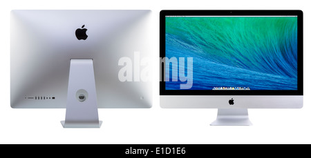 New iMac 27 With OS X Mavericks. Front and back view of New Apple iMac 27 inch against white background. Stock Photo