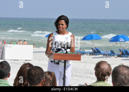 First lady Michelle Obama addresses community members during a visit to Panama City Beach, Fla., July 12, 2010. Obama visited t Stock Photo