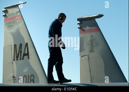 U.S. Air Force Tech. Sgt. Aaron Richards, 104th Fighter Wing, Massachusetts Air National Guard, inspects the top of an F-15E St Stock Photo