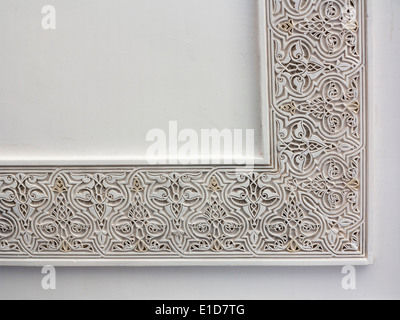 Close up detail of carved Moroccan cornice plasterwork and Stucco Stock Photo