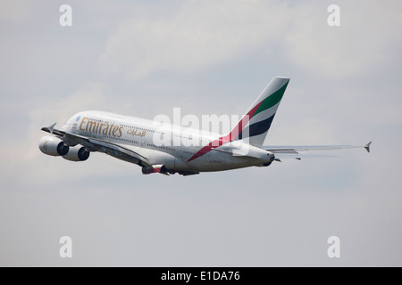 Emirates Airbus A380 double deck, wide body, four-engine jet airliner manufactured by Airbus taking off Stock Photo