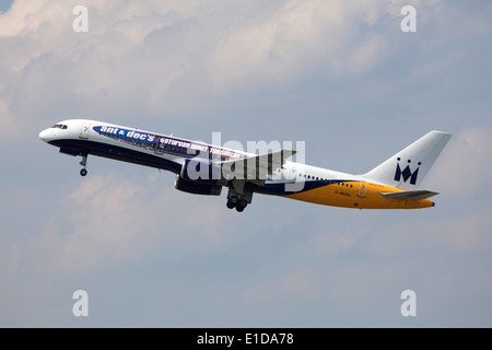 Monarch Airlines Boeing 757 taking off ,the one with Ant and Dec's Saturday Night Takeaway livery Stock Photo