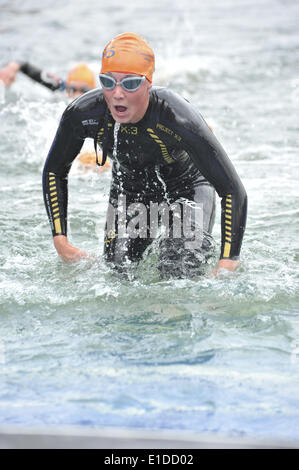London, UK. 31st May, 2014. Sofie Hooghe (BEL) emerging from the water after the swimming component of the ITU Elite Women's Triathlon. Hooghe finished in 30th place with a time of 56m 57s. Credit:  Michael Preston/Alamy Live News Stock Photo