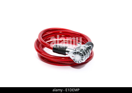 Red numeric combination bicycle lock on isolated white background Stock Photo