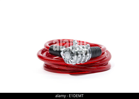 Red numeric combination bicycle lock on isolated white background Stock Photo