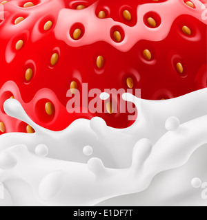 Food background of strawberry with milk splashes in close-up Stock Photo