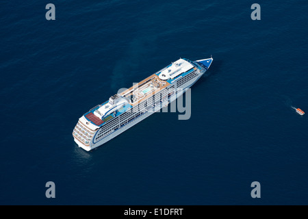 AERIAL VIEW. Seven Seas Mariner cruise ship anchored offshore near the Principality of Monaco. Stock Photo