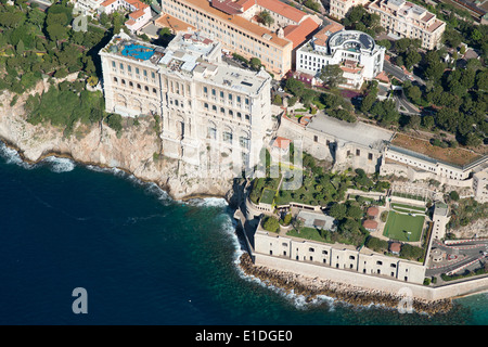 AERIAL VIEW. Historic Oceanographic Museum on a clifftop overlooking the Mediterranean Sea. Monaco-Ville (aka The Rock), Principality of Monaco. Stock Photo