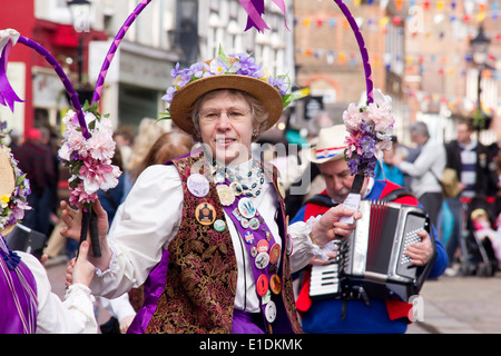 a middle age female morris dancer at Rochester Sweeps Festival 2014, Kent, England Stock Photo