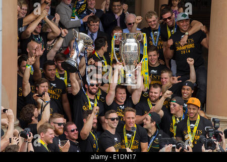 Northampton. Sunday 1st June 2014. The Guildhall. The Northampton Saints players and coaching staff parade the Aviva Premiership Champions trophy won yesterday 2014-05-31 and Amlin Challenge Cup into the town centre to celebrate a historic double success with their fans. Credit:  Keith J Smith./Alamy Live News Stock Photo