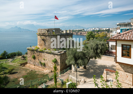 Ancient Castle Tower in old town Kaleici, Antalya. View on antalyan bay, sea and Antalya city. Stock Photo