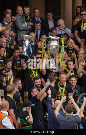 Northampton. Sunday 1st June 2014. The Guildhall. The Northampton Saints players and coaching staff parade the Aviva Premiership Champions trophy won yesterday 2014-05-31 and Amlin Challenge Cup into the town centre to celebrate a historic double success with their fans. Credit:  Keith J Smith./Alamy Live News Stock Photo