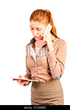 beautiful successful woman with tablet computer and telephone Stock Photo