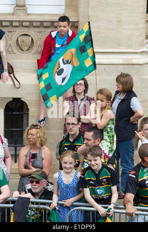 Northampton. Sunday 1st June 2014. The GuilhHall, The Northampton Saints players and coaching staff parade the Aviva Premiership Champions trophy won yesterday 2014-05-31 and Amlin Challenge Cup into the town centre to celebrate a historic double success with their fans. Credit:  Keith J Smith./Alamy Live News Stock Photo