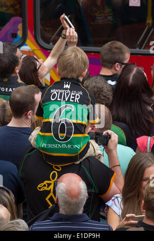 Northampton. Sunday 1st June 2014. The Guildhall, The Northampton Saints players and coaching staff parade the Aviva Premiership Champions trophy won yesterday 2014-05-31 and Amlin Challenge Cup into the town centre to celebrate a historic double success with their fans. Credit:  Keith J Smith./Alamy Live News Stock Photo
