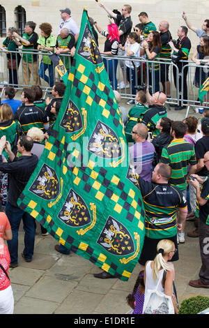 Northampton. Sunday 1st June 2014. The GuilhHall, The Northampton Saints players and coaching staff parade the Aviva Premiership Champions trophy won yesterday 2014-05-31 and Amlin Challenge Cup into the town centre to celebrate a historic double success with their fans. Credit:  Keith J Smith./Alamy Live News Stock Photo