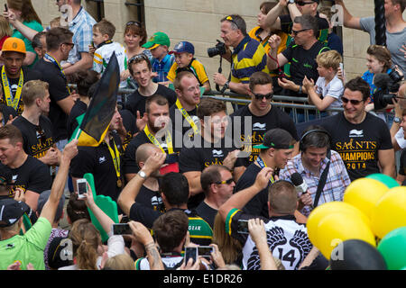 Northampton. Sunday 1st June 2014. The Guildhall, The Northampton Saints players and coaching staff parade the Aviva Premiership Champions trophy won yesterday 2014-05-31 and Amlin Challenge Cup into the town centre to celebrate a historic double success with their fans. Credit:  Keith J Smith./Alamy Live News Stock Photo