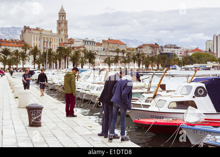fishing boats lie moored at matejuska in split croatia. in the background is seen the riva promenade and st domnius cathedral