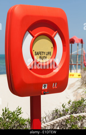 Safety life buoy in plastic case stand on the beach Stock Photo