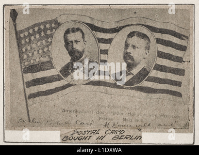 Postal card bought in Berlin.  Print (probably a news clipping) showing portraits of President Theodore Roosevelt and Prince Henry of Prussia on the American flag, circa 1905 Stock Photo