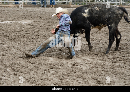 Boy tries to get traction on muddy arena ground to turn calf. Stock Photo