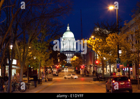 A view of State Street in front of the State Capitol building in Madison, Wisconsin Stock Photo