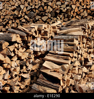 Chopped fire wood stacked in a pile as a symbol of country living using renewable resources from the forest as cut tree logs. Stock Photo