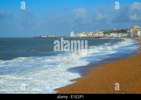 Surf breaking on Hastings seafront, East Sussex, England, GB. Stock Photo