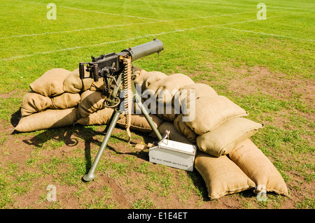 Vickers water cooled medium machine gun surrounded with sandbags, as used in World War 1. Stock Photo