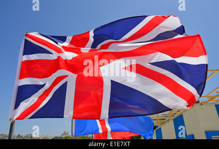 Union Jack flag, Ghadira Bay, Mellieħa (il-Mellieħa), Northern District, Malta Majjistral Region, Republic of Malta Stock Photo