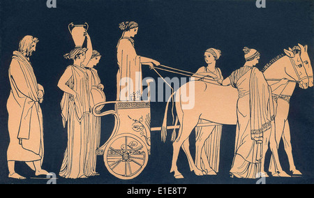 As in the epic poem Odyssey by the Greek bard Homer, Odysseus follows Nausicaa in her chariot to the palace. Stock Photo