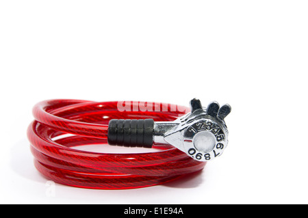 Red numeric combination bicycle lock on isolated white background Stock Photo
