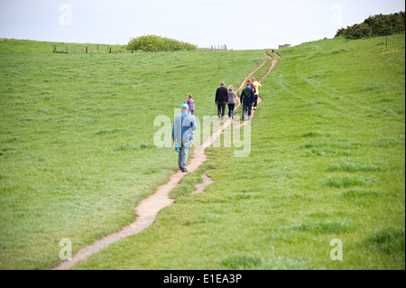 Walkers on the National Trust coastal path to Barafundle Bay in Pembrokeshire Wales Stock Photo