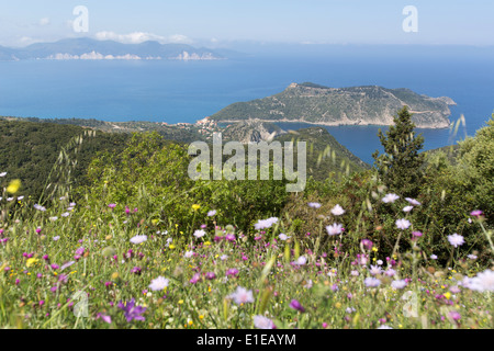 Village of Assos, Kefalonia. Picturesque view of the Assos peninsula with the west coast of Kefalonia in the background. Stock Photo