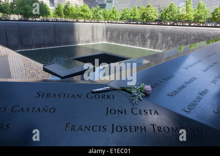 Names of victims at the 9/11 Memorial in New York, killed at the locations of terrorist attacks on September 11th 2001. The National September 11 Memorial is a tribute of remembrance and honor to the nearly 3,000 people killed in the terror attacks of September 11, 2001 at the World Trade Center site, near Shanksville, Pa., and at the Pentagon, as well as the six people killed in the World Trade Center bombing in February 1993. Stock Photo