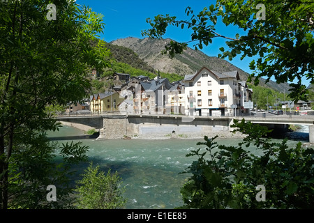 View of Llavorsi village located along river Noguera Pallaresa in province of Lleida  Catalonia Spain Stock Photo