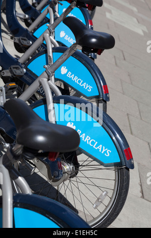 Barclays sponsored bicycle scheme. nicknamed Boris Bikes, cycle hire bike docking station in London Stock Photo