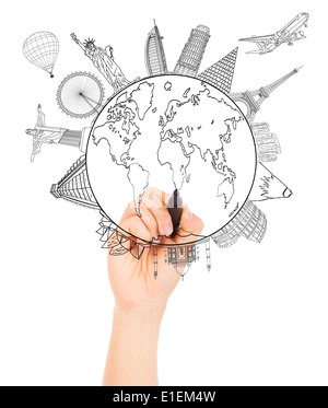 hand sketching the Earth and Global map with landmark Stock Photo