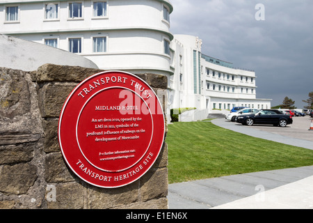 Red Plaque With the Art Deco Midland Hotel in the Background, Morecambe Lancashire UK Stock Photo