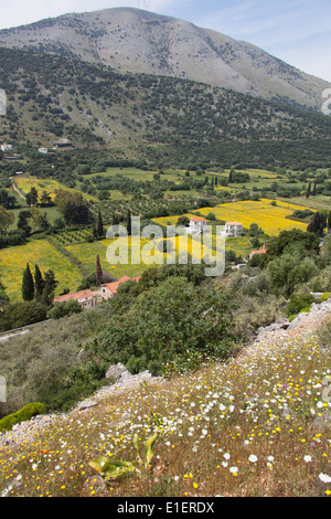 Village of Agia Efimia, Kefalonia. Picturesque elevated view of the arable land and farms on the outskirts of Agia Efimia. Stock Photo