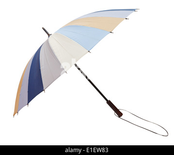 open folding striped umbrella isolated on white background Stock Photo